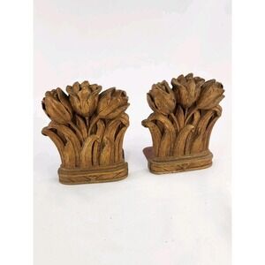 Antique 1940s Pair Of Vintage Syroco Tulip Bookends Molded Wood Pulp Book Nook